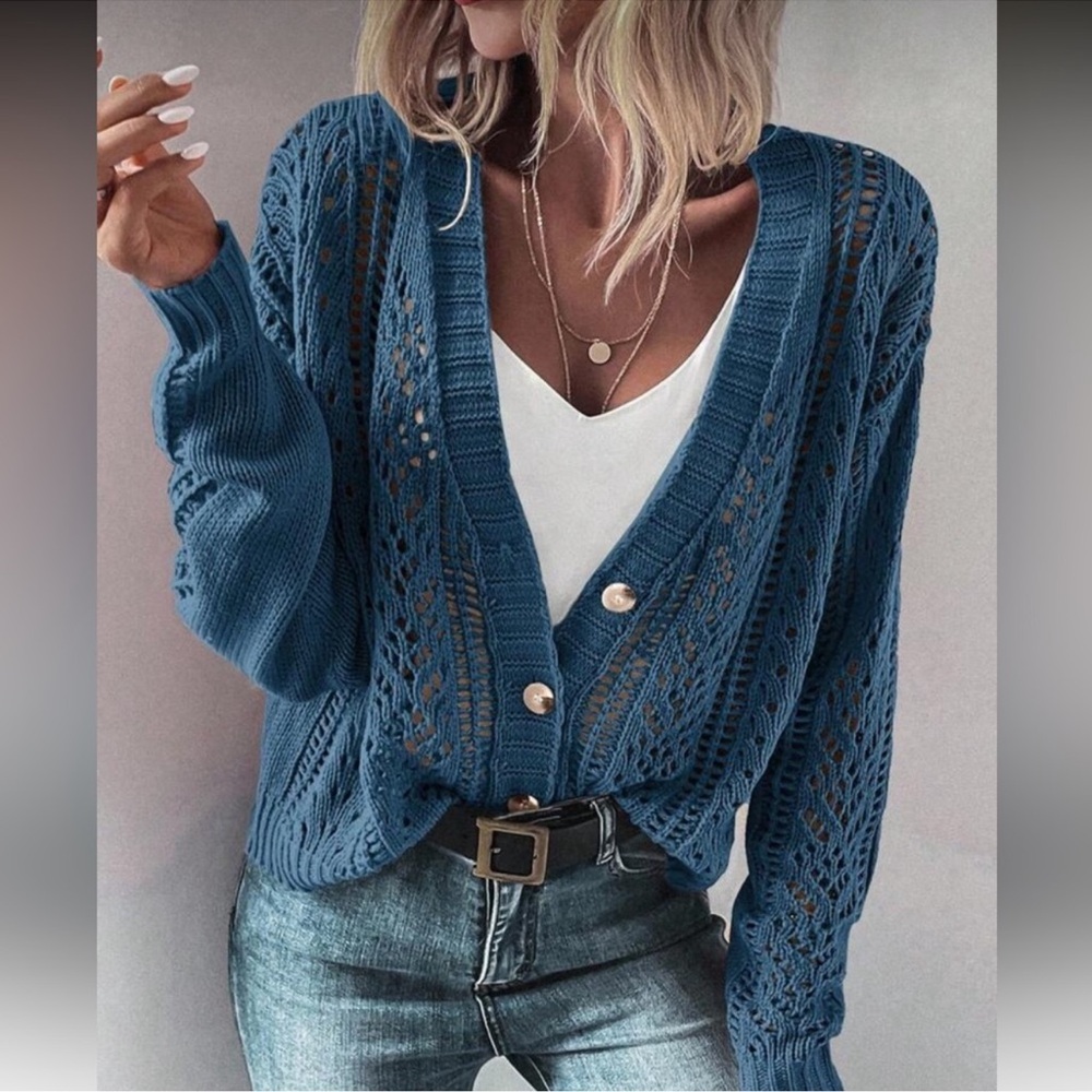 Cozy Blue V Neck Button Down Oversized Knit Cardigan Sweater XS S M L XL